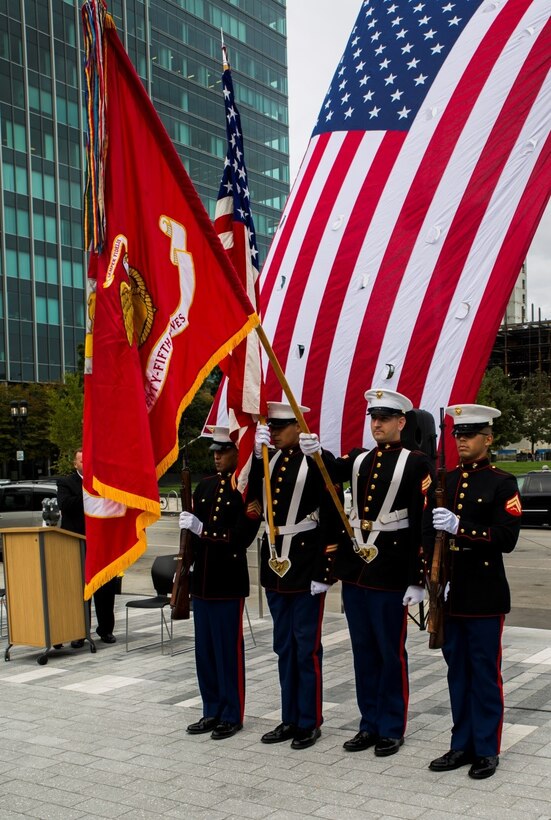 Marines from 1st Battalion, 25th Marine Regiment, 4th Marine Division, present the colors during the 10-year reunion of 25th Marine Regiment’s deployment to Fallujah, Iraq, here, Oct. 8, 2016. The Marines and Sailors gathered to reaffirm their bonds of brotherhood and reflect on all they accomplished while deployed in 2006. (U.S. Marine Corps photo by Cpl. Melissa Martens/ Released)