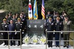 In this file photos, Brig. Gen. Thomas C. Graves, deputy commanding general of operations of Eighth Army, and leaders from different branches of military, both U.S. and the Republic of Korea, gathered around the Hill 303 Memorial.  The memorial ceremony was a tie-in event to the Battle for Nakdong River Victory Celebration. The Hill 303 Memorial was built to remember the massacre which North Korea perpetrated upon U.S. and ROK prisoners of war.