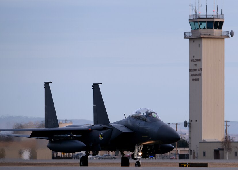 A Republic of Korea Air Force (ROKAF) F-15K Slam Eagle multi-role fighter aircraft taxis past the Eielson Air Force Base, Alaska, air traffic control tower Oct. 10, 2016, during RED FLAG-Alaska (RF-A) 17-1. RF-A is a series of Pacific Air Forces commander-directed field training exercises vital to maintaining peace and stability in the Indo-Asia-Pacific region, and providing U.S. units and partner nation forces like the ROKAF the opportunity to sharpen their combat skills and strengthen interoperability in a realistic threat environment inside the Joint Pacific Alaska Range Complex. (U.S. Air Force photo by Master Sgt. Karen J. Tomasik)