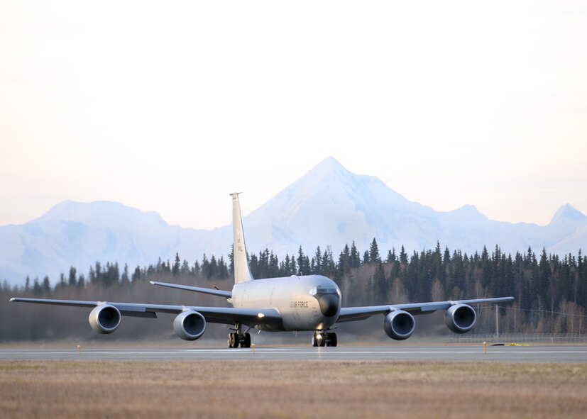 A U.S. Air Force KC-135 Stratotanker assigned to the 92nd Air Refueling Wing out of Fairchild Air Force Base, Wash., gains speed for takeoff from Eielson Air Force Base, Alaska, Oct. 10, 2016, during RED FLAG-Alaska (RF-A) 17-1. The Tanker Task Force provides a crucial aerial refueling capability for this Pacific Air Forces commander-directed field training exercise, enabling missions conducted within the Joint Pacific Alaska Range Complex, which provides more than 67,000 square miles of combat training airspace for U.S. and international partners. (U.S. Air Force photo by Master Sgt. Karen J. Tomasik)