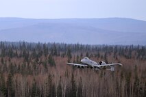 A U.S. Air Force A-10 Thunderbolt II attack aircraft assigned to the 25th Fighter Squadron out of Osan Air Base, Republic of Korea, takes off from Eielson Air Force Base, Alaska, Oct. 10, 2016, during the first combat training mission of RED FLAG-Alaska (RF-A) 17-1. RED FLAG training in Alaska signifies continued commitment to the Indo-Asia-Pacific region through a series of Pacific Air Forces commander-directed field training exercises for U.S. and partner nation forces, enabling joint and international units to sharpen their combat skills by flying simulated combat sorties in a realistic threat environment inside the Joint Pacific Alaska Range Complex. (U.S. Air Force photo by Master Sgt. Karen J. Tomasik)
