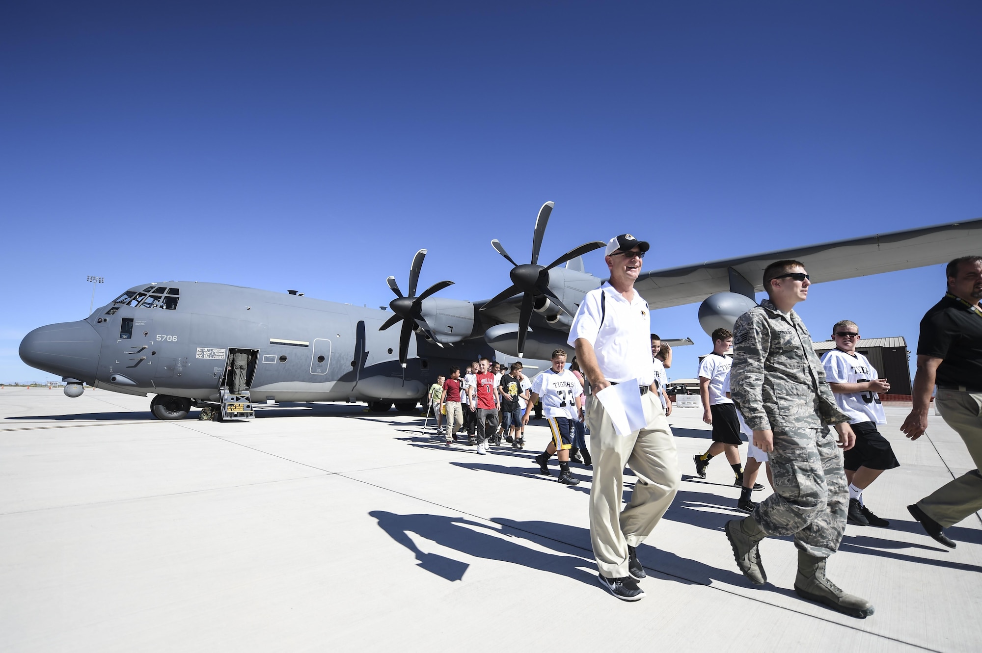 Students and teachers tour a static display of a C130 during the fourth annual New Mexico Aviation Aerospace Association Career Expo Oct. 6, 2016 at Holloman Air Force Base N.M. About 2,500 middle school through college-level students from across New Mexico came out to learn about the science, technology, engineering and mathematics fields. The goal of STEM is to motivate and educate students by giving them a taste of what aviation and aerospace engineering is all about. These STEM events also get the students talking to people who are working directly in STEM industries.  (U.S. Air Force photo by Staff Sgt. Stacy Jonsgaard)
