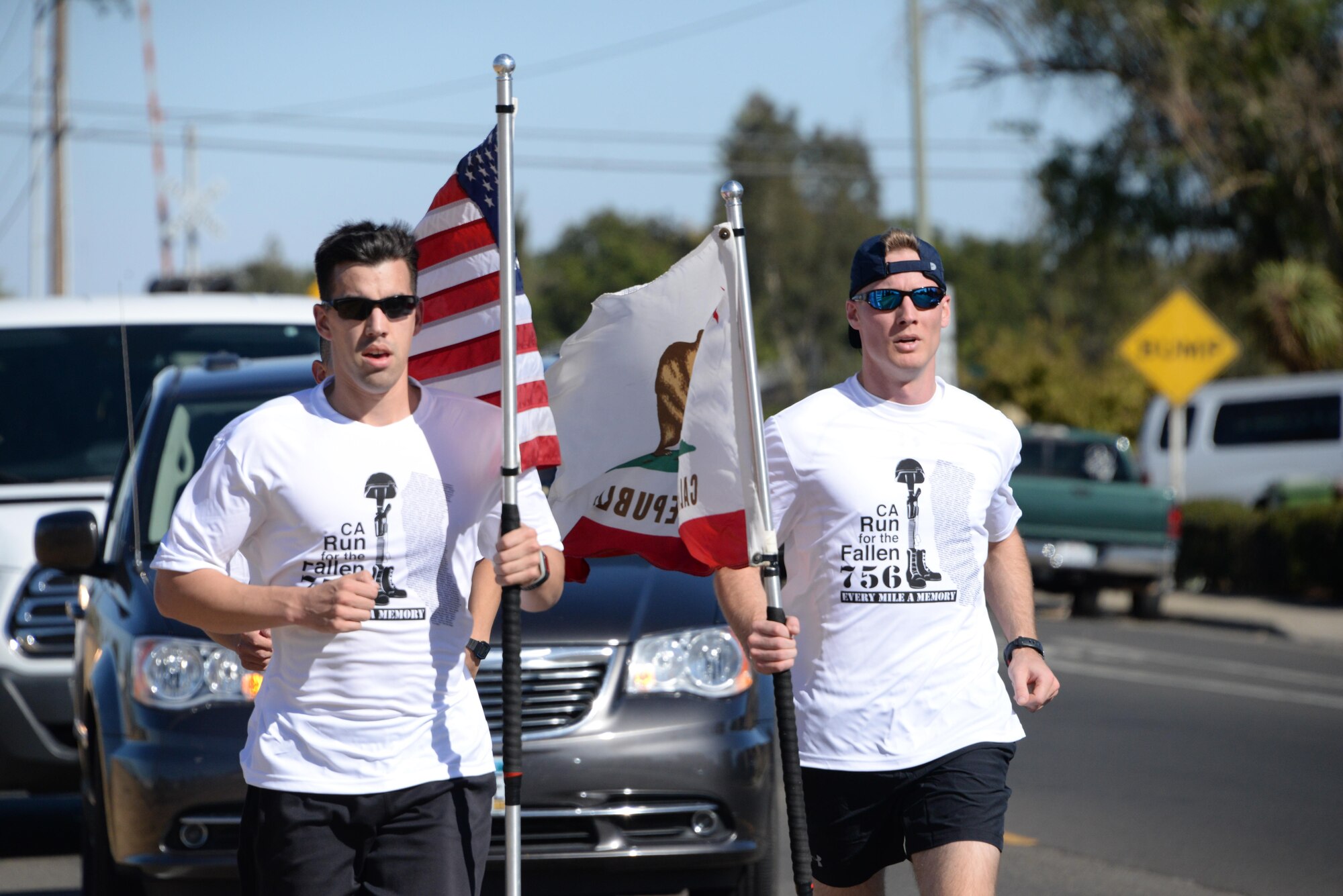 Airmen from the 60th Air Mobility Wing at Travis Air Force Base participate in the California Run for the Fallen on Sept. 23, 2016.  The run raises awareness for California service members who were killed in action after Sept. 11, 2001, rejuvenating their memories and keeping their spirits alive. (U.S. Air Force photo by 2nd Lt Geneva Croxton)