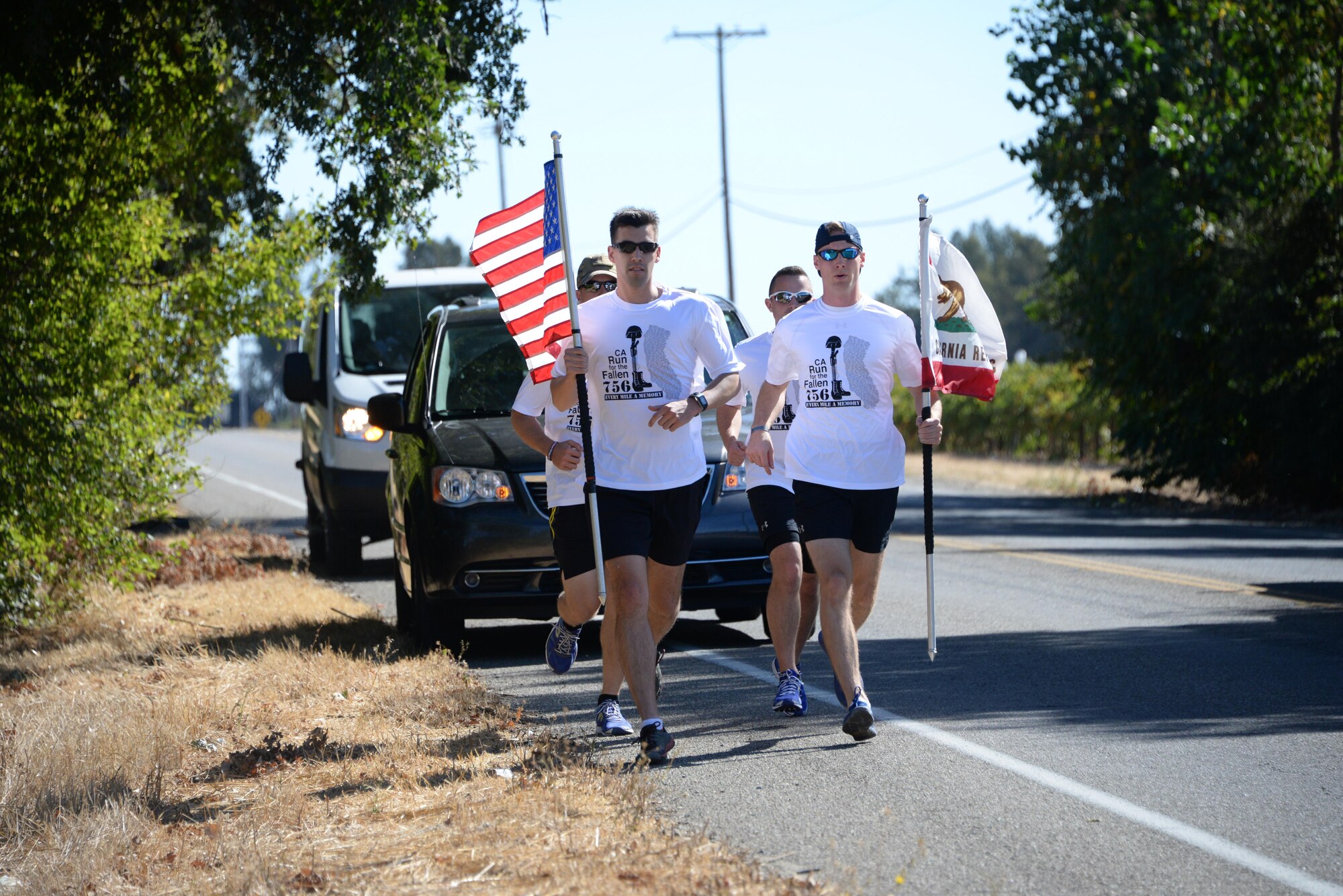 Airmen from the 60th Air Mobility Wing at Travis Air Force Base participate in the California Run for the Fallen on Sept. 23, 2016.  The run raises awareness for California service members who were killed in action after Sept. 11, 2001, rejuvenating their memories and keeping their spirits alive. (U.S. Air Force photo by 2nd Lt Geneva Croxton)