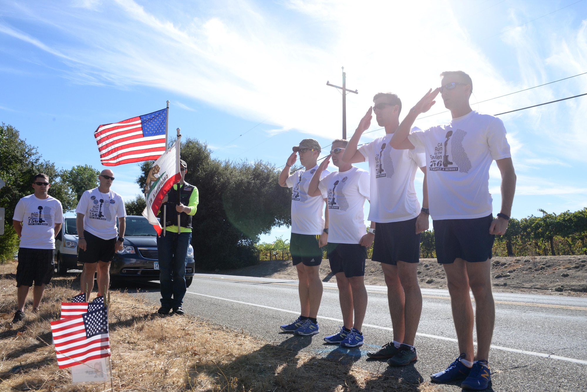 Airmen from the 60th Air Mobility Wing at Travis Air Force Base participate in the California Run for the Fallen on Sept. 23, 2016.  The run raises awareness for California service members who have been killed in action after Sept. 11, 2001, rejuvenating their memories and keeping their spirits alive. (U.S. Air Force photo by 2nd Lt Geneva Croxton)
