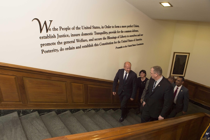 Deputy Defense Secretary Bob Work walks with Hungarian Defense Minister István Simicskó at the Pentagon, Oct. 12, 2016. DoD photo by Navy Petty Officer 1st Class Tim D. Godbee