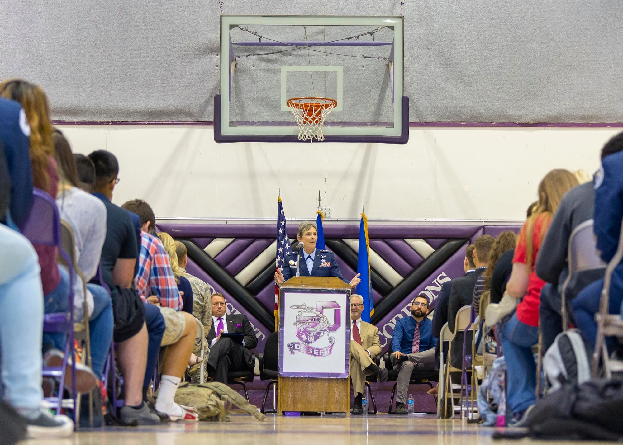 During her trip to the area Oct. 11, Gen. Ellen M. Pawlikowski, Air Force Materiel Command commander, participated in a number of activities marking the start of the Desert Junior Senior High School 's National Math and Science Initiative program. Pawlikowski attended an NMSI luncheon, met with STEM students and teachers, and also delivered a keynote speech at the school.(U.S. Air Force Photo by Christopher Okula)
