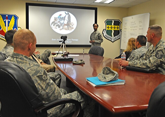 Staff Sgt. Javita Cotton, 9th Civil Engineer Squadron HVAC journeyman, gives a presentation during a public speaking course at Beale Air Force Base, California, Oct. 11, 2016. This course is provided by Yuba College and a first of its kind to be offered on base during the duty day. (U.S. Air Force photo/ Senior Airman Ramon A. Adelan) 