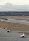 U.S. Marine Corps F/A-18C Hornets assigned to Marine Fighter Attack Squadron 232 out of Marine Corps Air Station Miramar, Calif., taxi ahead of U.S. Air Force F-15 Eagle aircraft after returning to Eielson Air Force Base, Alaska, Oct. 10, 2016, during RED FLAG-Alaska (RF-A) 17-1. This exercise provides unique opportunities to integrate various forces into joint, coalition and multilateral training from simulated forward operating bases. (U.S. Air Force photo by Master Sgt. Karen J. Tomasik)