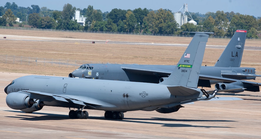 A B-52 Stratofortress and a KC-135 Stratotanker share the flightline at Barksdale Air Force Base, La., Oct. 6, 2016. Hundreds of aircrew and more than 100 aircraft from Shaw Air Force Base, S.C., Joint Base Charleston, S.C., and Seymour Johnson Air Force Base, N.C., relocated to avoid potential damage from high winds associated with Hurricane Matthew along the East Coast. (U.S. Air Force photo/Airman 1st Class Stuart Bright)