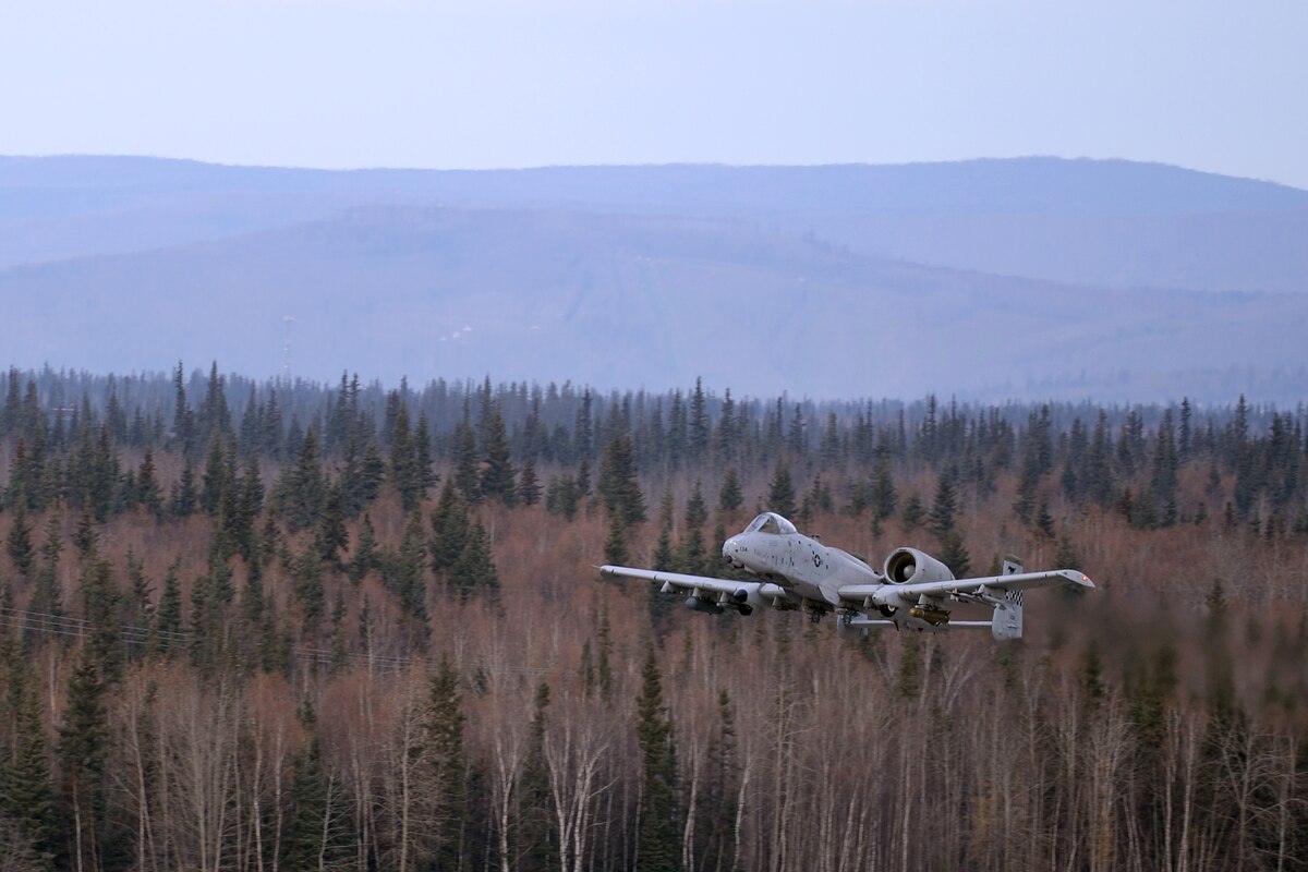 A U.S. Air Force A-10 Thunderbolt II attack aircraft assigned to the 25th Fighter Squadron out of Osan Air Base, Republic of Korea, takes off from Eielson Air Force Base, Alaska, Oct. 10, 2016, during the first combat training mission of RED FLAG-Alaska (RF-A) 17-1. RED FLAG training in Alaska signifies continued commitment to the Indo-Asia-Pacific region through a series of Pacific Air Forces commander-directed field training exercises for U.S. and partner nation forces, enabling joint and international units to sharpen their combat skills by flying simulated combat sorties in a realistic threat environment inside the Joint Pacific Alaska Range Complex. (U.S. Air Force photo by Master Sgt. Karen J. Tomasik)