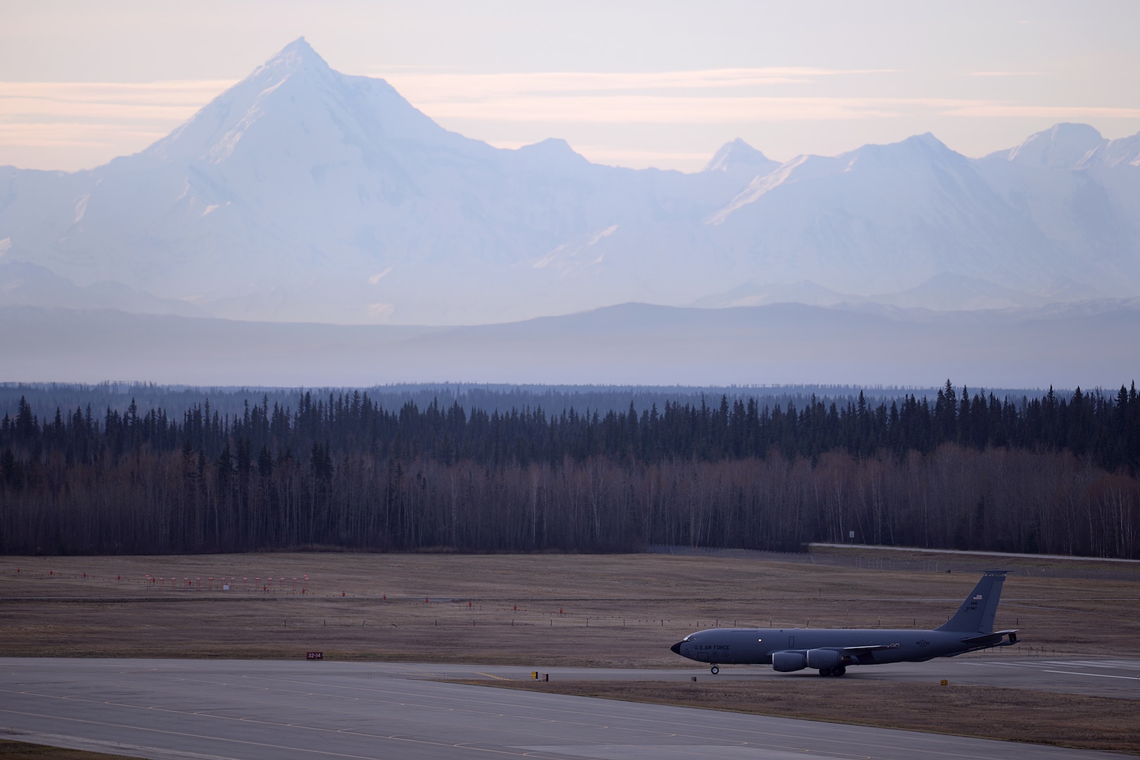 A U.S. Air Force KC-135 Stratotanker assigned to the 22nd Air Refueling Wing out of McConnell Air Force Base, Kan., returns to Eielson Air Force Base, Alaska, Oct. 10, 2016, after completing its first RED FLAG-Alaska (RF-A) 17-1 mission. The Tanker Task Force provides a crucial aerial refueling capability for this Pacific Air Forces commander-directed field training exercise, enabling missions conducted within the Joint Pacific Alaska Range Complex, which provides more than 67,000 square miles of combat training airspace for U.S. and international partners. (U.S. Air Force photo by Master Sgt. Karen J. Tomasik)