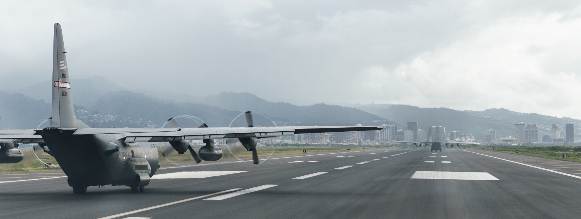 A Georgia Air National Guard C-130 Hercules prepares for take-off at Joint Base Pearl Harbor-Hickam, Hawaii, as part of exercise Sentry Aloha Aug. 23, 2016. The Kentucky Air National Guard and multiple other Air Guard units took part in the exercise, which tested multiple airframes and aircrews in wartime scenarios. (U.S. Air National Guard photo by Senior Airman Robert Buchberger)