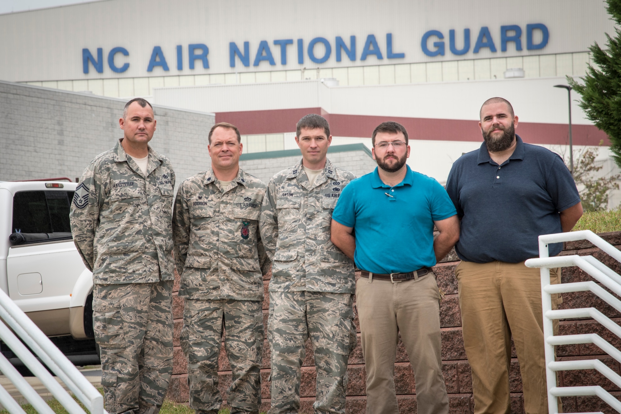 The North Carolina Air National Guard, 145th Civil Engineer Squadron was selected as recipients of the 2016 Federal Energy and Water Management Award by the Federal Energy Management Program (FEMP) September 2016. The team is made up of NCANG members and civilian employees including Senior Master Sgt. Jason Huffstetler, Lt. Col. Milton Addison, Capt. James Eaton, Mr. Caleb Chambers and Mr. Christopher Bryant. The award recognizes individuals and organizations for significant contributions to energy and water efficiency within the federal government. (U.S. Air National Guard photo by Staff Sgt. Paul Porter)