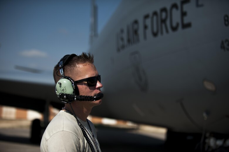 U.S. Air Force Staff Sgt. Jake, 912th Air Refueling Squadron crew chief, speaks with pilots of a KC-135 Stratotanker over the radio prior to take off Sept. 19, 2016, at Incirlik Air Base, Turkey. The KC-135 Stratotanker provides the core aerial refueling capability for the U.S. Air Force and has excelled in this role for more than 50 years. (U.S. Air Force photo by Staff Sgt. Jack Sanders)