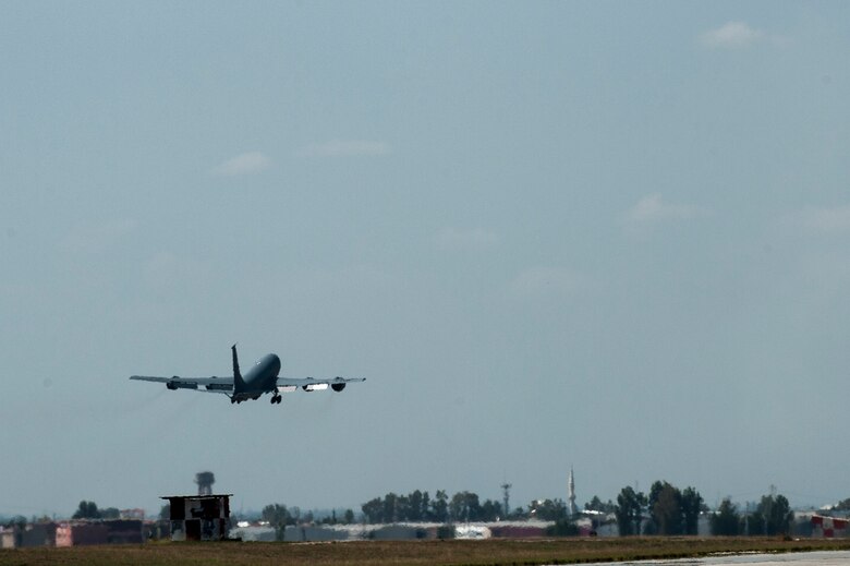 A KC-135 Stratotanker takes off takeoff Sept. 19, 2016, at Incirlik Air Base, Turkey. The KC-135 Stratotanker provides the core aerial refueling capability for the U.S. Air Force and has excelled in this role for more than 50 years. (U.S. Air Force photo by Staff Sgt. Jack Sanders)