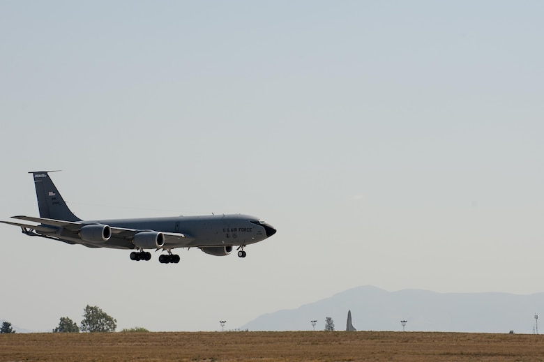 A KC-135 Stratotanker lands Sept. 19, 2016, at Incirlik Air Base, Turkey. KC-135 Stratotankers stationed out of Incirlik Air Base are responsible for aerial refueling of coalition aircraft supporting the Operation INHERENT RESOLVE mission. (U.S. Air Force photo by Staff Sgt. Jack Sanders)