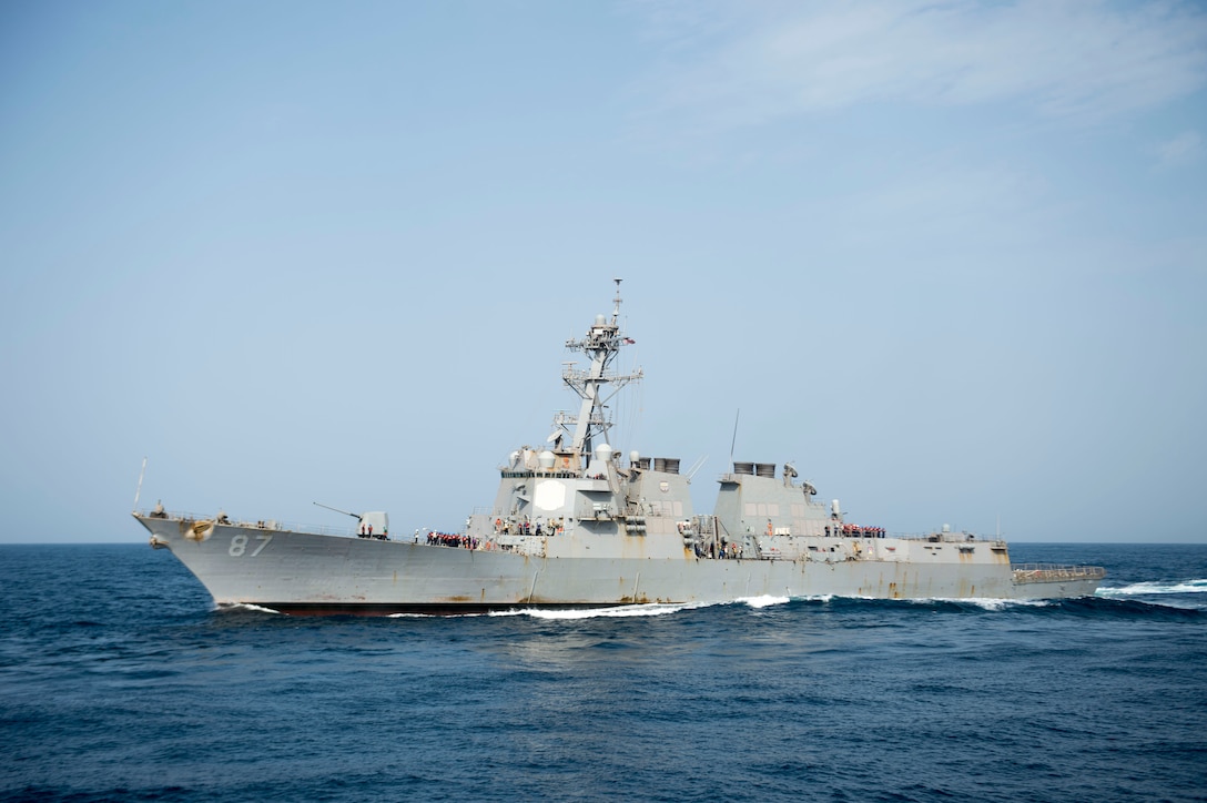 The guided-missile destroyer USS Mason is replenished at sea, Aug. 3, 2016. The ship responded to an incoming missile threat off the coast of Yemen on Oct. 12, 2016, the second such response in four days.