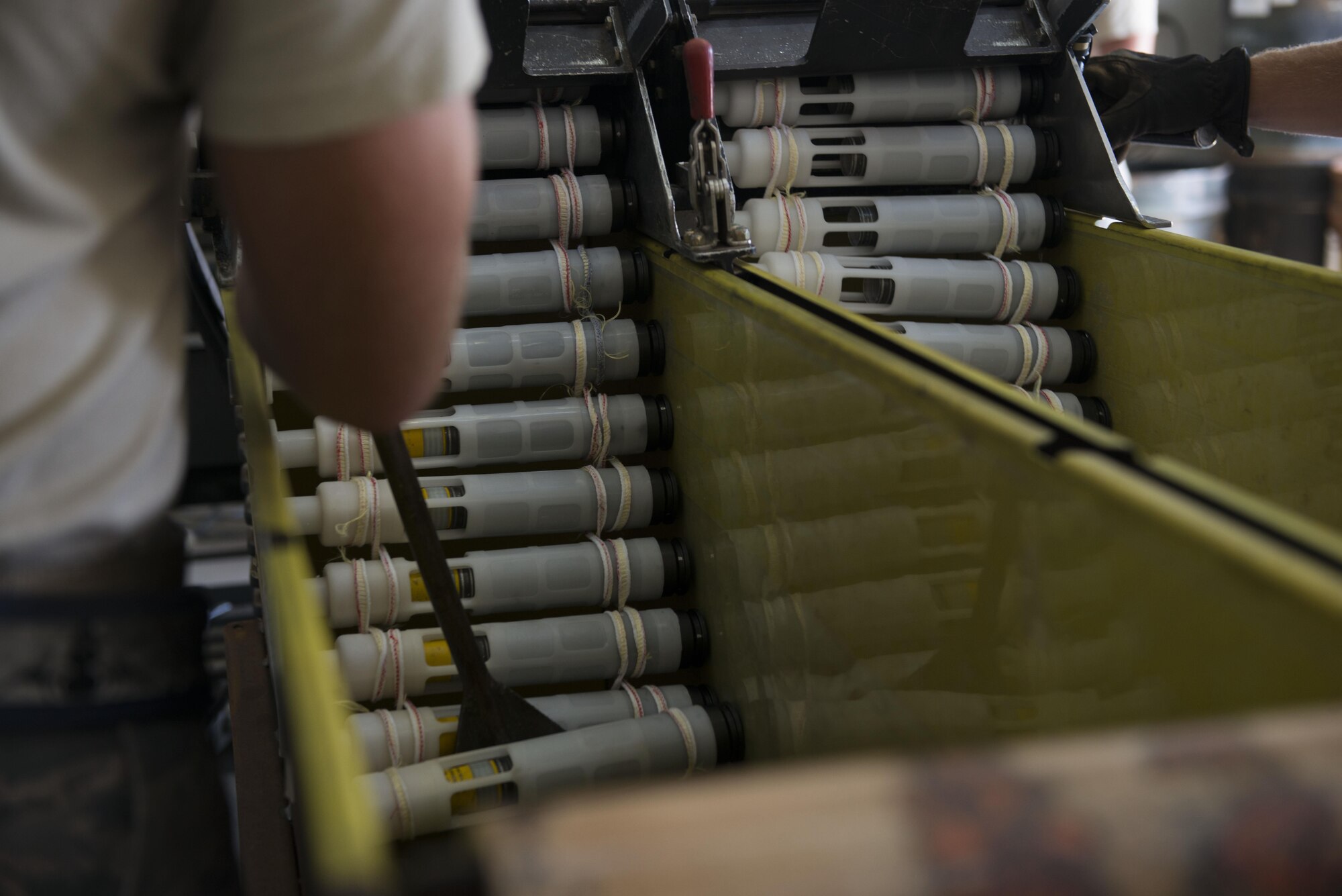 A U.S. Airman assigned to the 447th Expeditionary Aircraft Maintenance Squadron sorts 30mm rounds into a container Sept. 8, 2016, at Incirlik Air Base, Turkey. The rounds are used to supply the A-10 Thunderbolt II’s GAU-8 Avenger 30mm cannon. (U.S. Air Force photo by Senior Airman John Nieves Camacho)