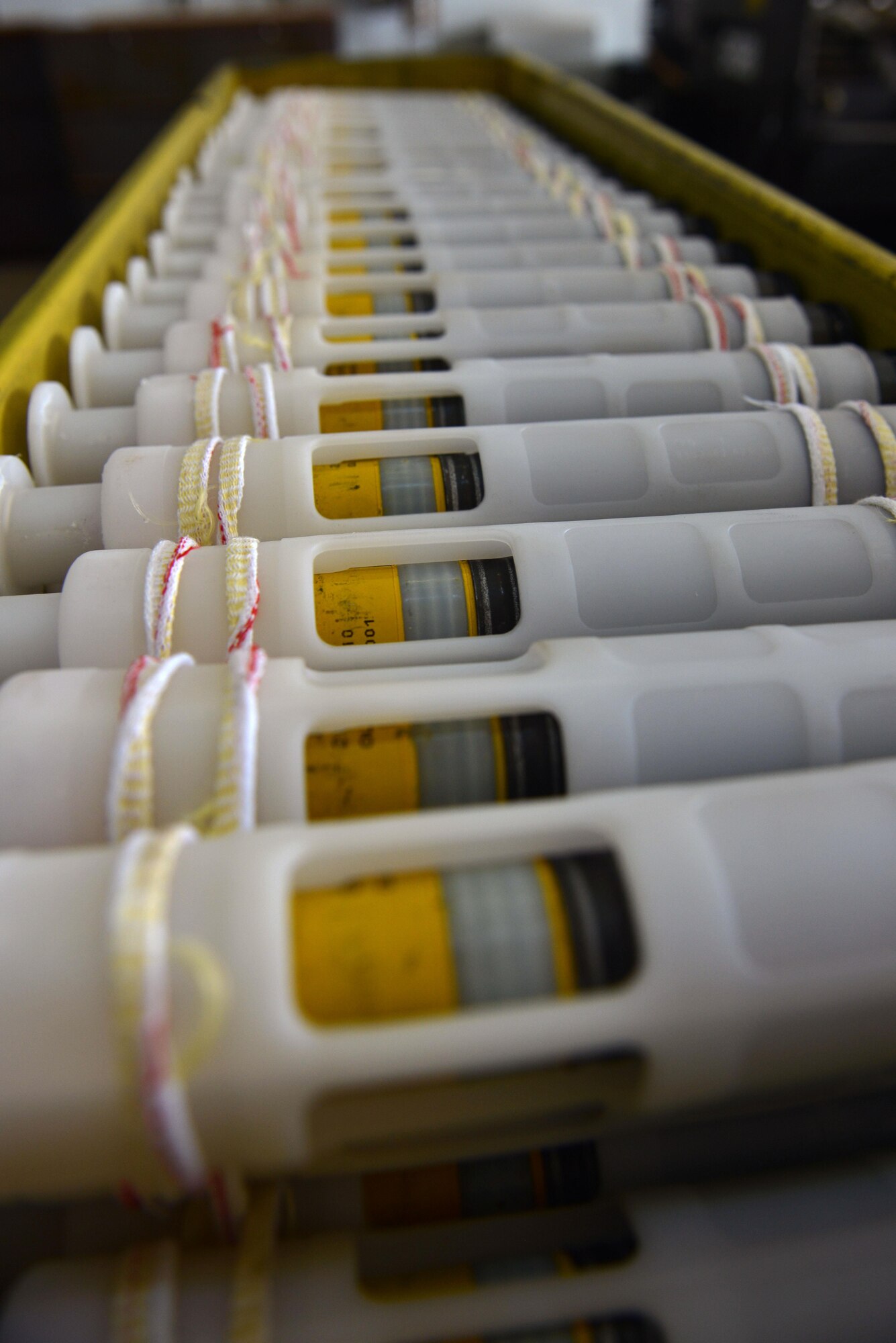 Processed 30mm rounds lay in a container Sept. 8, 2016, at Incirlik Air Base, Turkey. The rounds will be transported to an A-10 Thunderbolt II for upload. (U.S. Air Force photo by Senior Airman John Nieves Camacho)