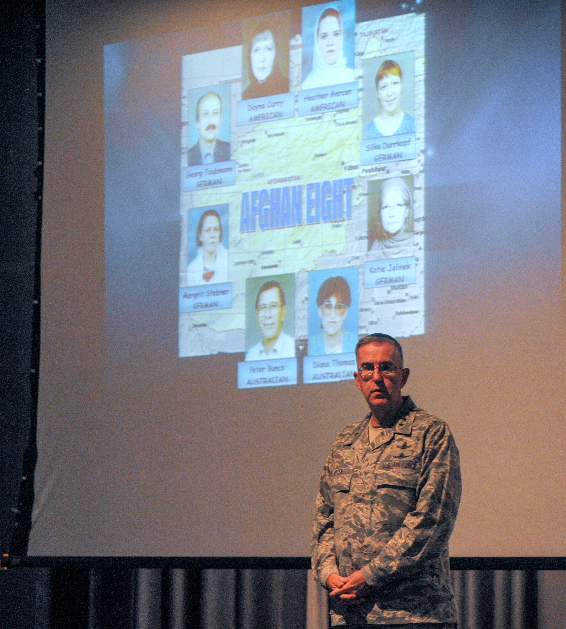 General John E. Hyten, Air Force Space Command commander, recalls his memories of the rescue mission of the Afghan Eight to Airmen assigned to the 691st Cyberspace Operations Squadron and 460th Space Communications Squadron Detachment 1 at Ramstein Air Base, Germany, Oct. 4, 2016. Hyten believes that cyberspace Airmen that collected and disrupted adversary intelligence played a big part in the rescue mission, as many people thought they wouldn’t be able to move without jeopardizing the lives of the captives, which included two American women. (U.S. Air Force photo by Staff Sgt. Timothy Moore)