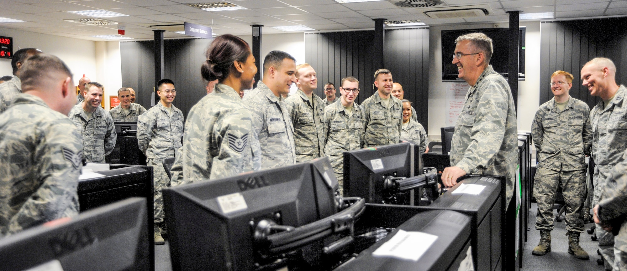 General John E. Hyten, Air Force Space Command commander, speaks with Airmen assigned to the 691st Cyberspace Operations Squadron at Ramstein Air Base, Germany, Oct. 4, 2016. The 691st COS was established in March 2016 with the deactivation of the 83rd Network Operations Squadron Detachment 4 and the 690th Network Support Squadron Detachment 1 under AFSPC. (U.S. Air Force photo by Staff Sgt. Timothy Moore)