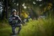 Airman 1st Class Devon Sherman, 105th Base Defense Squadron fireteam member, kneels on a trail while participating in improvised explosive device detection training, Sept. 27, 2016, at Moody Air Force Base, Ga. During the training, the Airmen teamed with trainers from the 820th Base Defense Group to learn the common indicators of a hidden IED. (U.S. Air Force photo by Staff Sgt. Ryan Callaghan)
