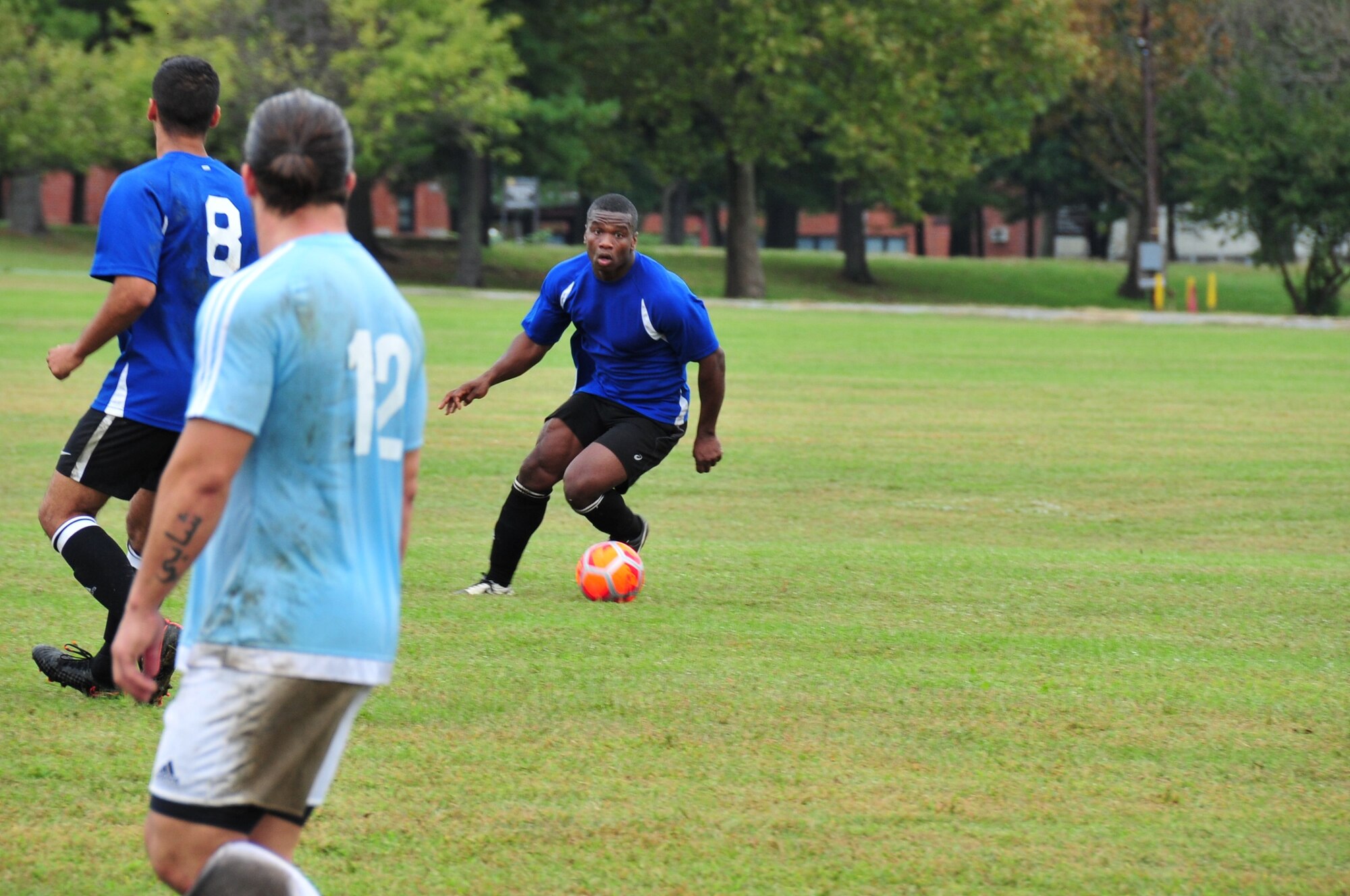 Senior Airman Paul Kwakye, 514th Force Support Squadron, participates on a  semi-professional soccer team based out of Joint Base McGuire-Dix-Lakehurst, N.J., Oct. 2. Kwakye is a busy Airman as he is a Reservist, a trauma technician, a student, a husband, a father of five and player on a semi-pro soccer team. (U.S. Air Force photo by Master Sgt. Donna Jeffries)