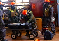Marines with Explosive Ordnance Disposal, EOD, platoon, Chemical Biological Incident Response Force, CBIRF, participate in a final training exercise with Fire Department of New York, FDNY, responding to and deactivating a notional explosive threat found at a steam plant on Randall’s Island, N.Y., Sept. 15, 2016. CBIRF’s Marines and sailors participated in a training event that included three days of lane training with FDNY instructors teaching classes in vehicle extrication, breaching, rope rescue and medical as part of urban rescue operations, and a final training operation in which CBIRF responded to a notional steam plant explosion. (Official U.S. Marine Corps photo by Lance Cpl. Maverick S. Mejia/RELEASED)
