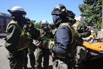 Marines with Technical Rescue Platoon, Chemical Biological Incident Response Force, CBIRF, rescues simulated casualties using vehicle extrication and high angle rescue techniques as part of a final training exercise with Fire Department of New York, FDNY, on Randall’s Island, N.Y., Sept. 15, 2016. CBIRF’s Marines and sailors participated in a training event that included three days of lane training with FDNY instructors teaching classes in vehicle extrication, breaching, rope rescue and medical as part of urban rescue operations, and a final training operation in which CBIRF responded to a notional steam plant explosion. (Official U.S. Marine Corps photo by Lance Cpl. Maverick S. Mejia/RELEASED)
