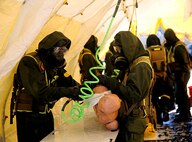 Marines with Decontamination Platoon, Chemical Biological Incident Response Force, CBIRF, participate in a final training exercise with Fire Department of New York, FDNY, decontaminating casualties that were extracted out of a steam plant at Randall’s Island, N.Y., on Sept. 15, 2016.
CBIRF’s Marines and sailors participated in a training event that included three days of lane training with FDNY instructors teaching classes in vehicle extrication, breaching, rope rescue and medial as part of urban rescue operations, and a final training operation in which CBIRF responded to a notional steam plant explosion. (Official U.S. Marine Corps photo by Lance Cpl. Maverick S. Mejia/RELEASED)
