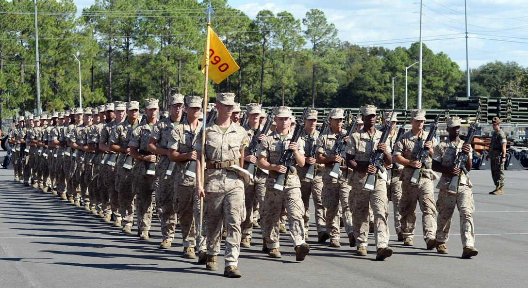 A Marine Corps drill instructor from Marine Corps Recruit Depot Parris Island, S.C., instructs recruits in close-order drill while aboard Marine Corps Logistics Base Albany, Oct. 8. 