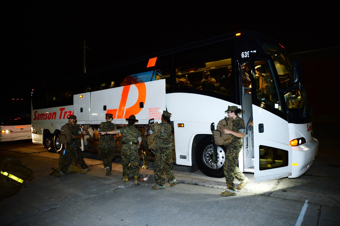 Marine female recruits are the first of more than 6,000 recruits to arrive from Marine Corps Recruit Depot Parris Island, S.C., Oct. 5-6, as they avoid severe weather from Hurricane Matthew.