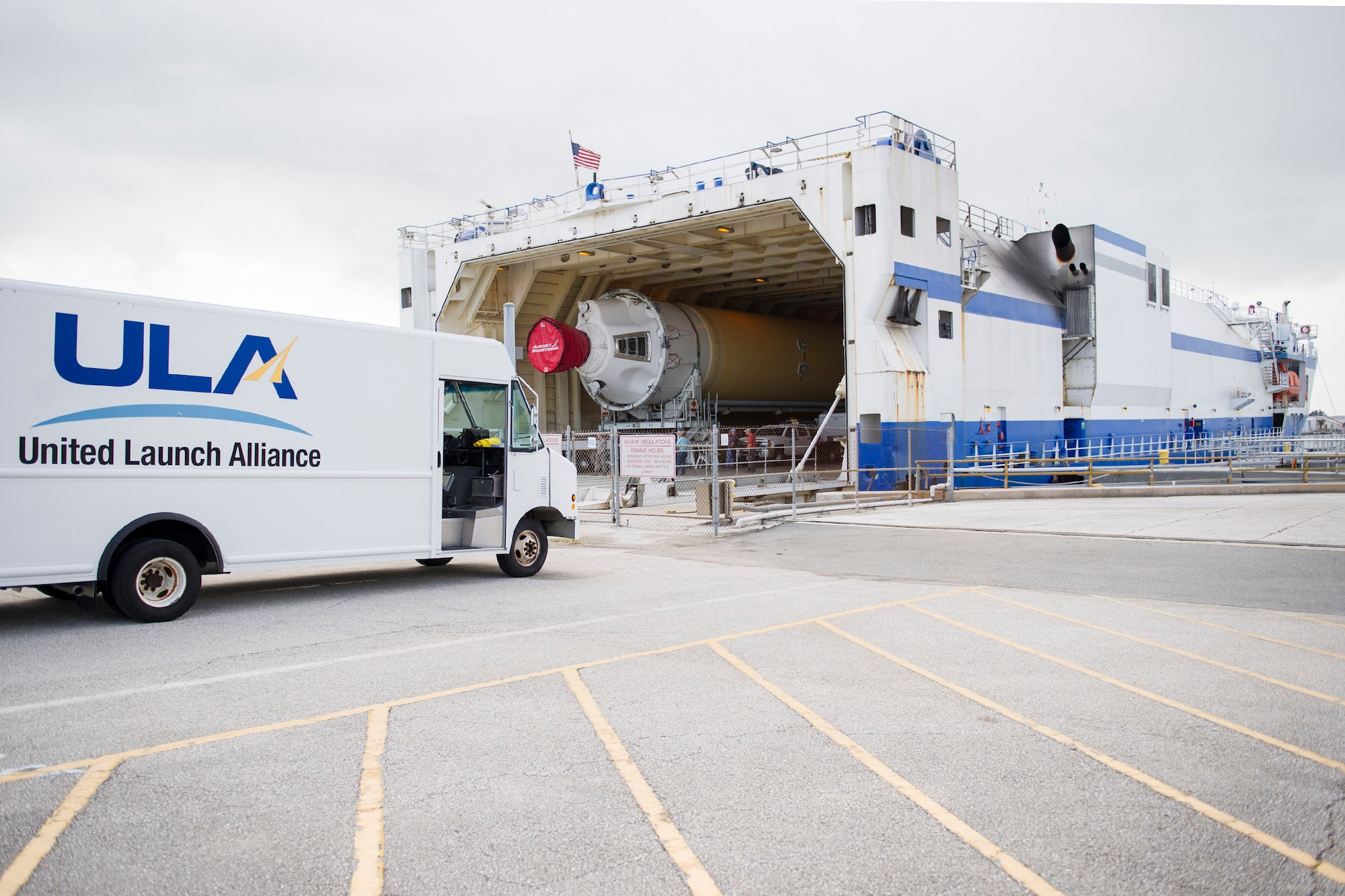 A United Launch Alliance shipment arrives at port via the Mariner Oct. 12, 2016 at Cape Canaveral Air Force Station, Fla. The 45th Space Wing worked with ULA to ensure operations resumed within a week following Hurricane Matthew. Due to the potential impact of the storm, CCAFS closed Oct. 6, 2016 to ensure the safety of the installation and personnel. According to ULA, the large cargo ship takes approximately eight days to transport the vehicle hardware from the Decatur, Ala., factory to the launch site along the Tennessee River to the open ocean. (U.S. Air Force photo/Matthew Jurgens)