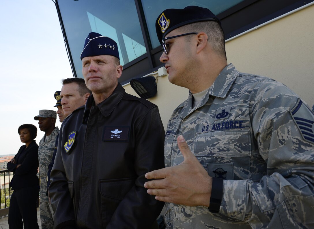 Gen. Tod D. Wolters, U.S. Air Forces in Europe - Air Forces Africa commander, watches a demonstration by the 31st Security Forces Squadron at Aviano Air Base, Italy on Oct. 13, 2016. During his visit, Wolters toured the base, met with Airmen and held an all call where he discussed his priorities for USAFE-AFAFRICA. (U.S. Air Force photo by Senior Airman Krystal Ardrey/Released)