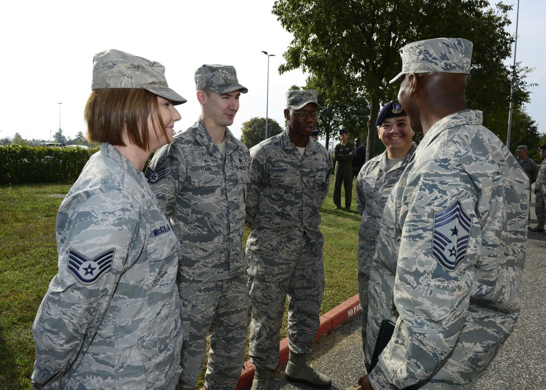 Chief Master Sgt. Kaleth Wright, U.S. Air Forces in Europe - Air Forces Africa command chief, speaks to Airmen during a base tour at Aviano Air Base, Italy on Oct. 13, 2016. Wright toured the base and met with Airmen during his visit. (U.S. Air Force photo by Senior Airman Krystal Ardrey/Released)