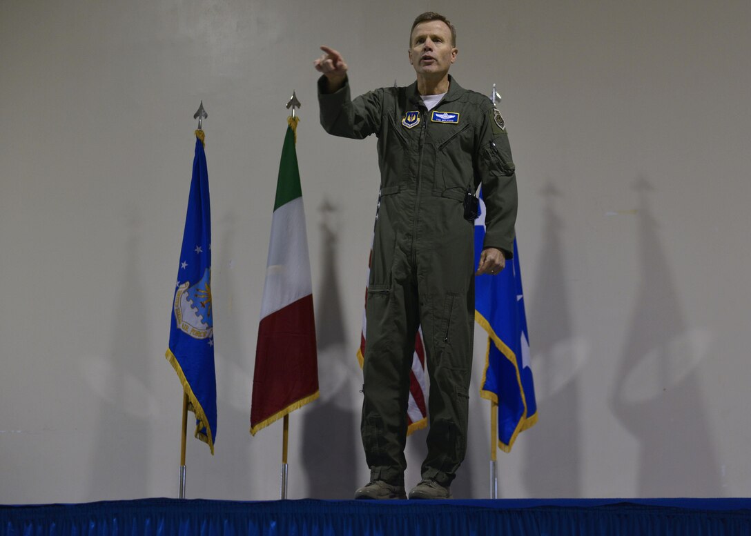 Gen. Tod D. Wolters, U.S. Air Forces in Europe - Air Forces Africa commander, speaks with Aviano Airmen on his mission priorities during an all call at Aviano Air Base, Italy on Oct. 13, 2016. Wolters spoke about trust, teamwork and training to achieve the Air Force mission. (U.S. Air Force photo by Airman 1st Class Cary Smith/Released)