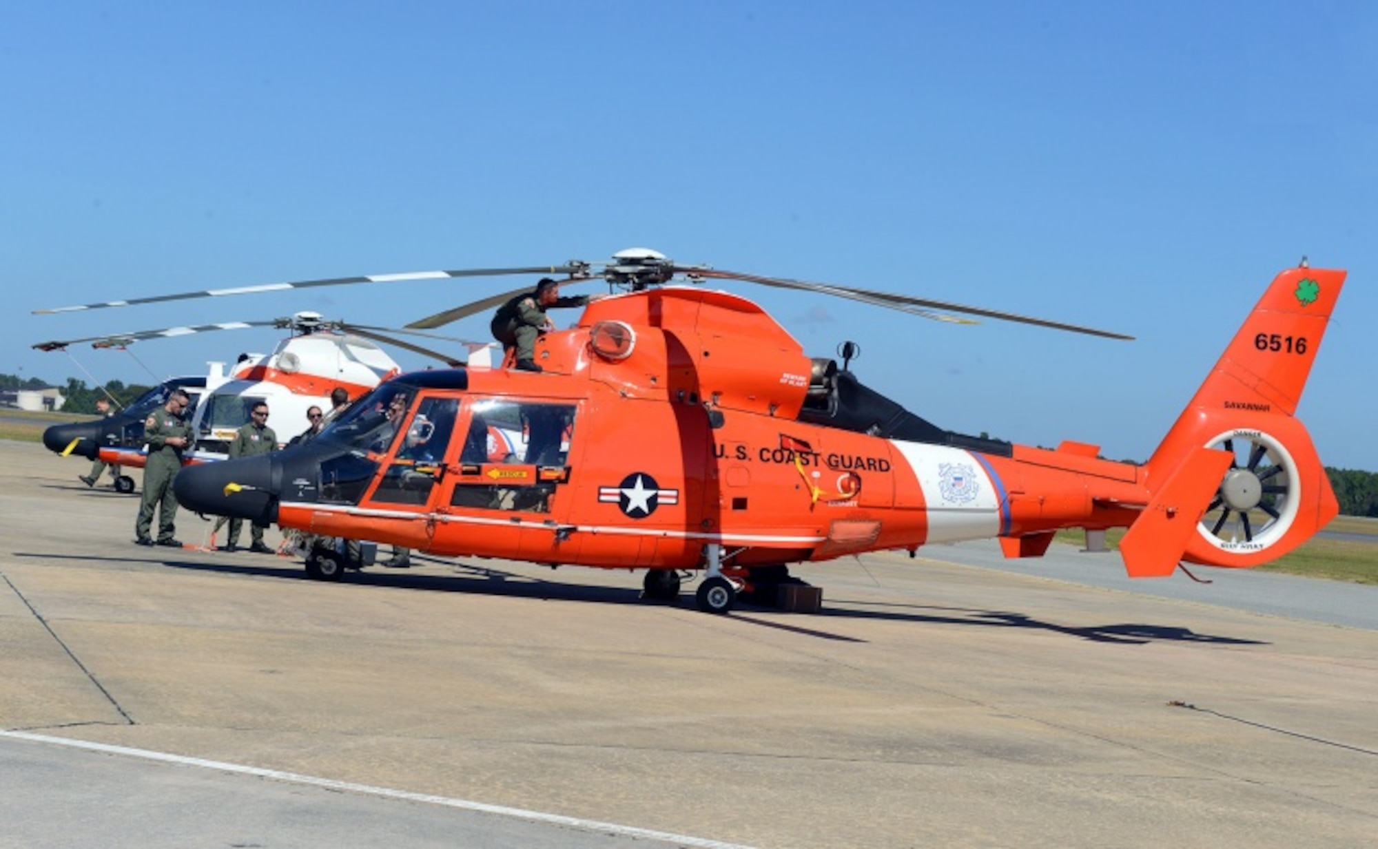 Four Coast Guard Air Station Savannah search and rescue helicopter crews arrived at Robins Air Force Base Oct. 6. They were based here in order to fly missions in response to Hurricane Matthew. The storm – the first Category 5 Atlantic hurricane since Hurricane Felix in 2007 – struck eastern Florida Oct. 6. It made its way up the east coast to Georgia and the Carolinas Friday and over the weekend before dissipating Monday. (U.S. Air Force photo by Tommie Horton)