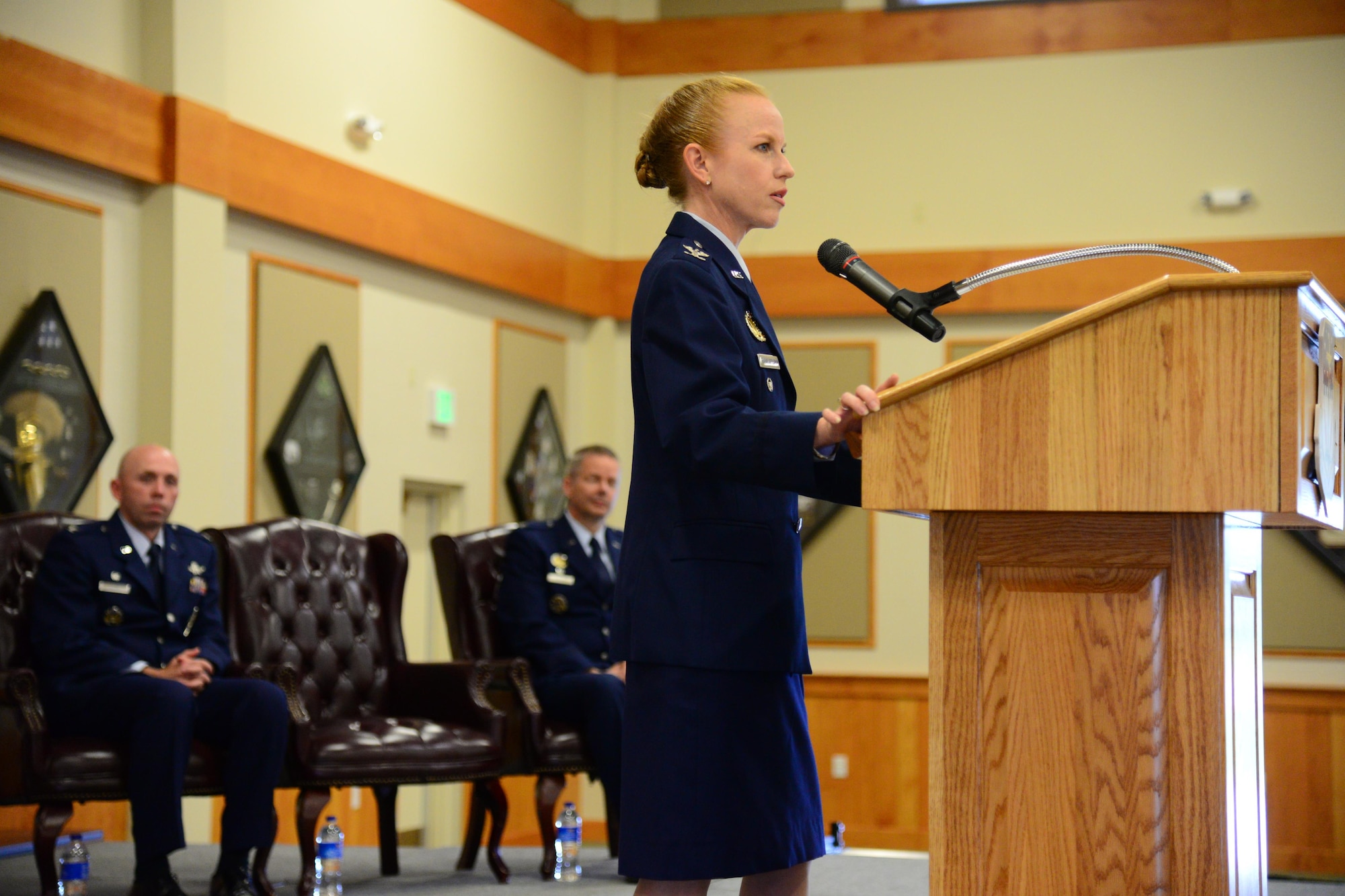 Col. Anita Feugate Opperman, 341st Operations Group commander, speaks at her change of command ceremony June 24, 2016, at Malmstrom Air Force Base, Mont. Feugate Opperman commissioned in the Air Force in 1994, under the Reserve Officers Training Corps program. (U.S. Air Force photo/Airman 1st Class Magen Reeves)