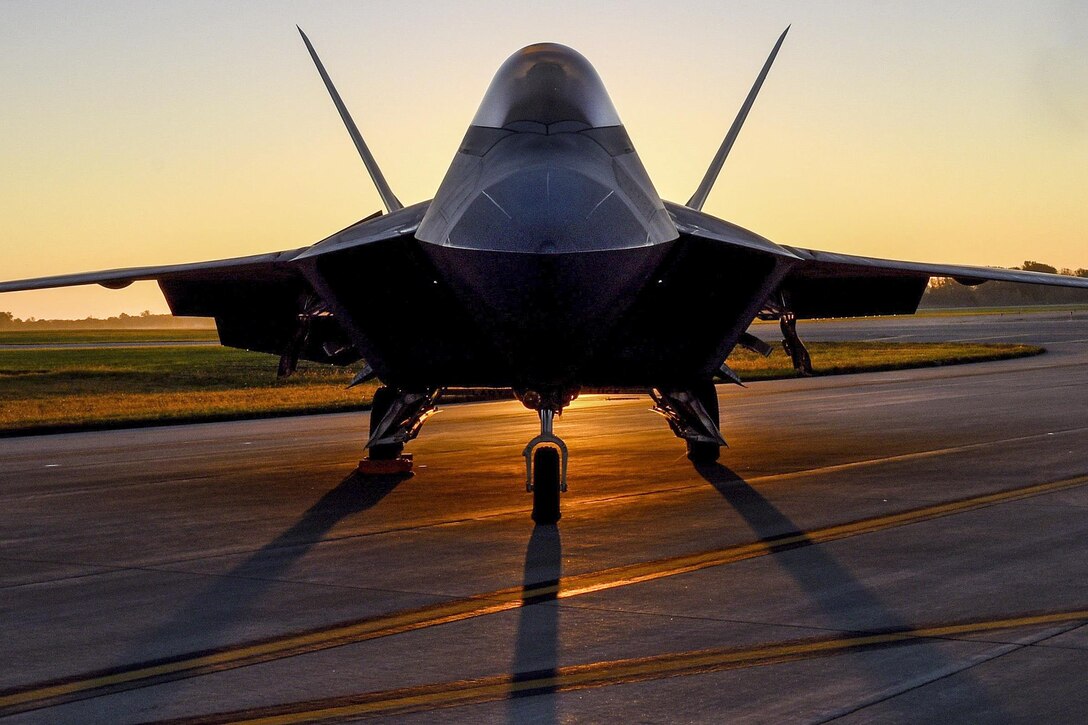 An Air Force F-22 Raptor sits on the ramp at Rickenbacker Air National Guard Base, Ohio, Oct. 7, 2016, in an effort to seek shelter from Hurricane Matthew. Air National Guard photo by Senior Master Sgt. Ralph Branson