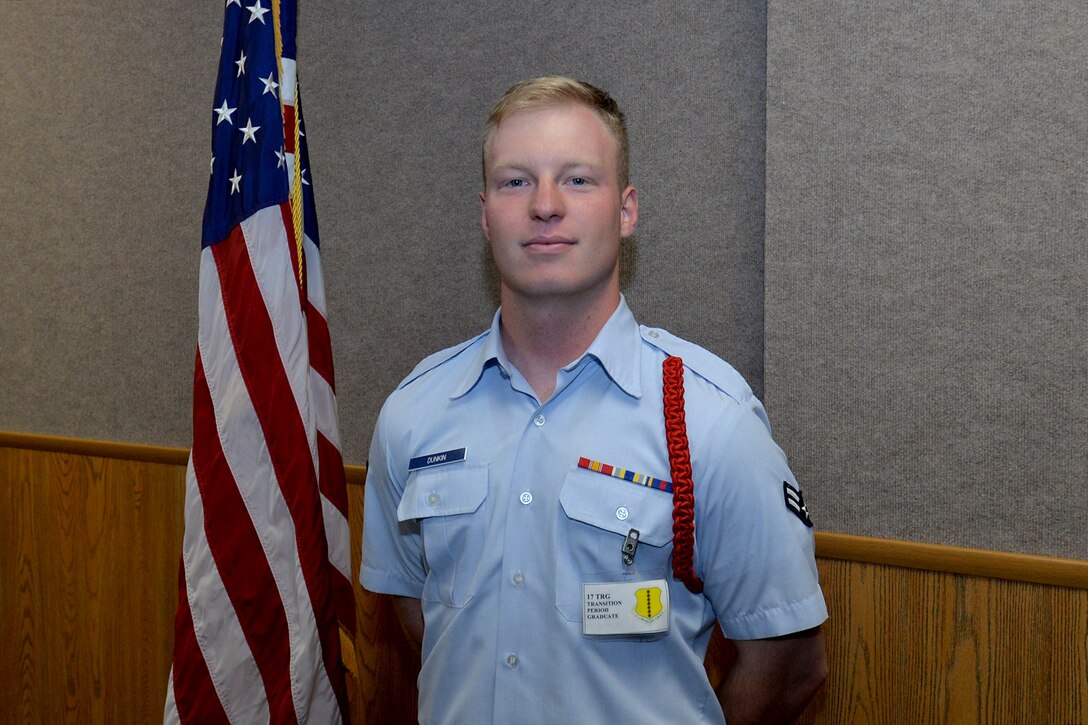 U.S. Air Force Airman 1st Class Zachery Dunkin, 316th Training Squadron student, smiles for a portrait at Brandenburg Hall on Goodfellow Air Force Base, Texas, Oct. 7, 2016. Dunkin is the Goodfellow Student of the Month spotlight for September 2016, a series highlighting Goodfellow students. (U.S. Air Force photo by Airman 1st Class Randall Moose/Released)

