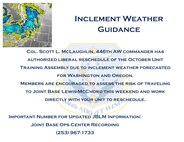 Col. Scott L. McLaughlin, 446th Airlift Wing commander has authorized liberal reschedule of the October Unit Training Assembly due to inclement weather forecasted for Washington and Oregon. 