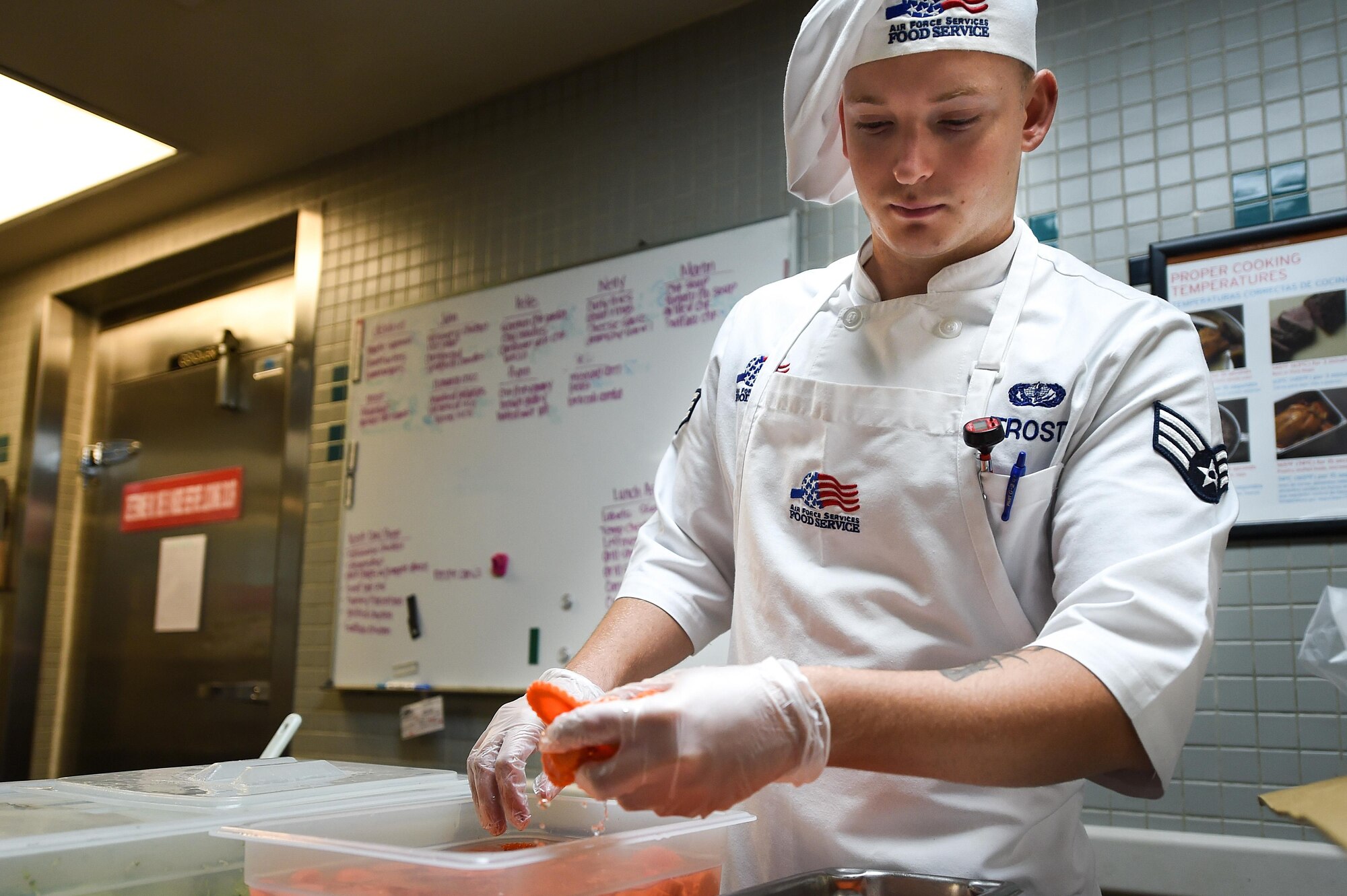 Senior Airman Jeremy Trost, a first cook with the 1st Special Operations Force Support Squadron, prepares a side dish at the Reef dining facility, Hurlburt Field, Fla., Oct. 13, 2016. With the Reef being the only buffet-style dining facility in the Air Force, it is able to supply customers with options that satisfy their dietary needs as well as their palate. (U.S. Air Force photo by Senior Airman Jeff Parkinson)