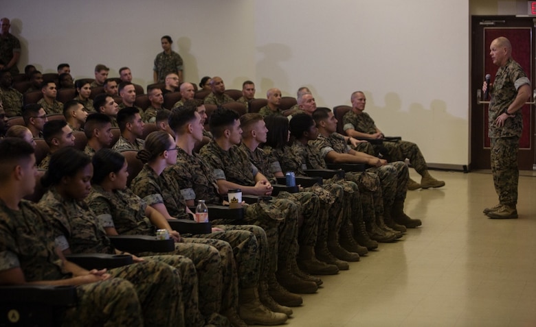 Gen. Robert B. Neller is visiting III Marine Expeditionary Force to reinforce the importance of every Marine and Sailor and their role in continuing to be ‘Forward, Faithful, Focused’ on Camp Kinser, Okinawa, Japan, October 13, 2016. Whether responding to a crisis or natural disaster, III MEF continues to train to ensure its capabilities in keeping peace and security throughout the region. “If I ask you if you are mentally ready to go fight, the answer should be yes,” said Neller. Neller, from East Lansing, Michigan, is the commandant of Marine Corps. (U.S. Marine Corps photo by Cpl. Jessica Etheridge / Released) 