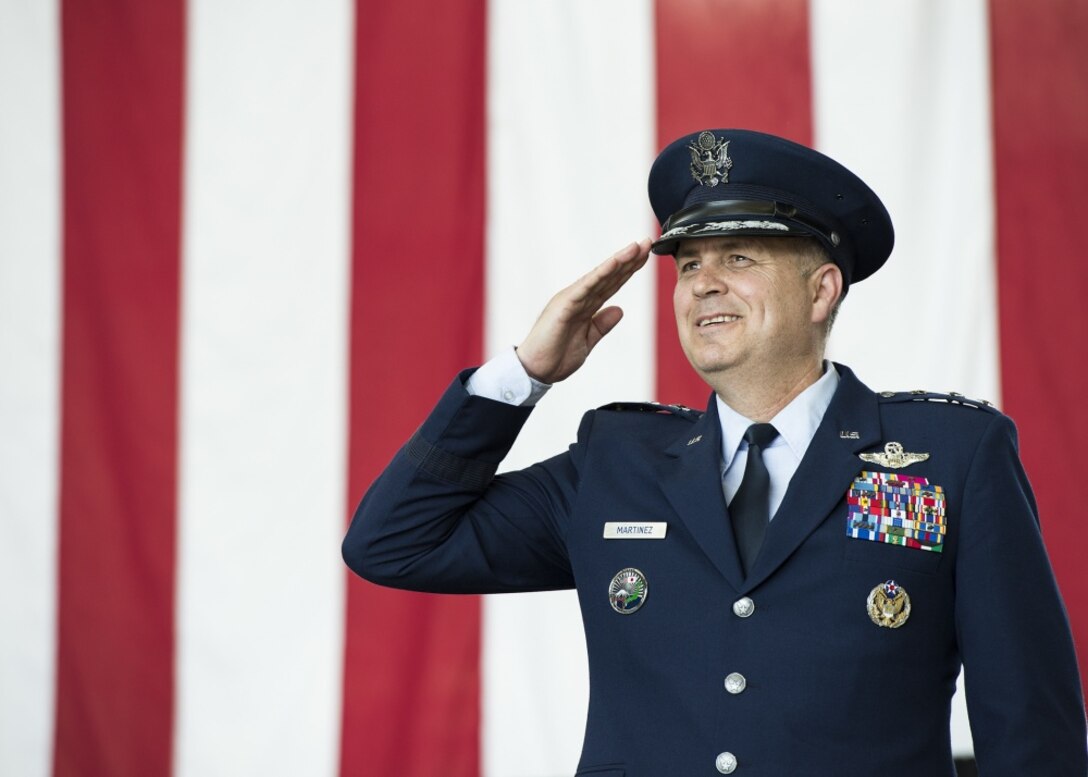 U.S. Air Force Lt. Gen. Jerry P. Martinez, incoming United States Forces, Japan and 5th Air Force commander, salutes during his Assumption of Command ceremony October 6, 2016, at Yokota Air Base, Japan. Martinez was the former Headquarters Air Mobility Command director of operations at Scott Air Force Base, Ill. (U.S. Air Force photo by Airman 1st Class Donald Hudson/Released) 