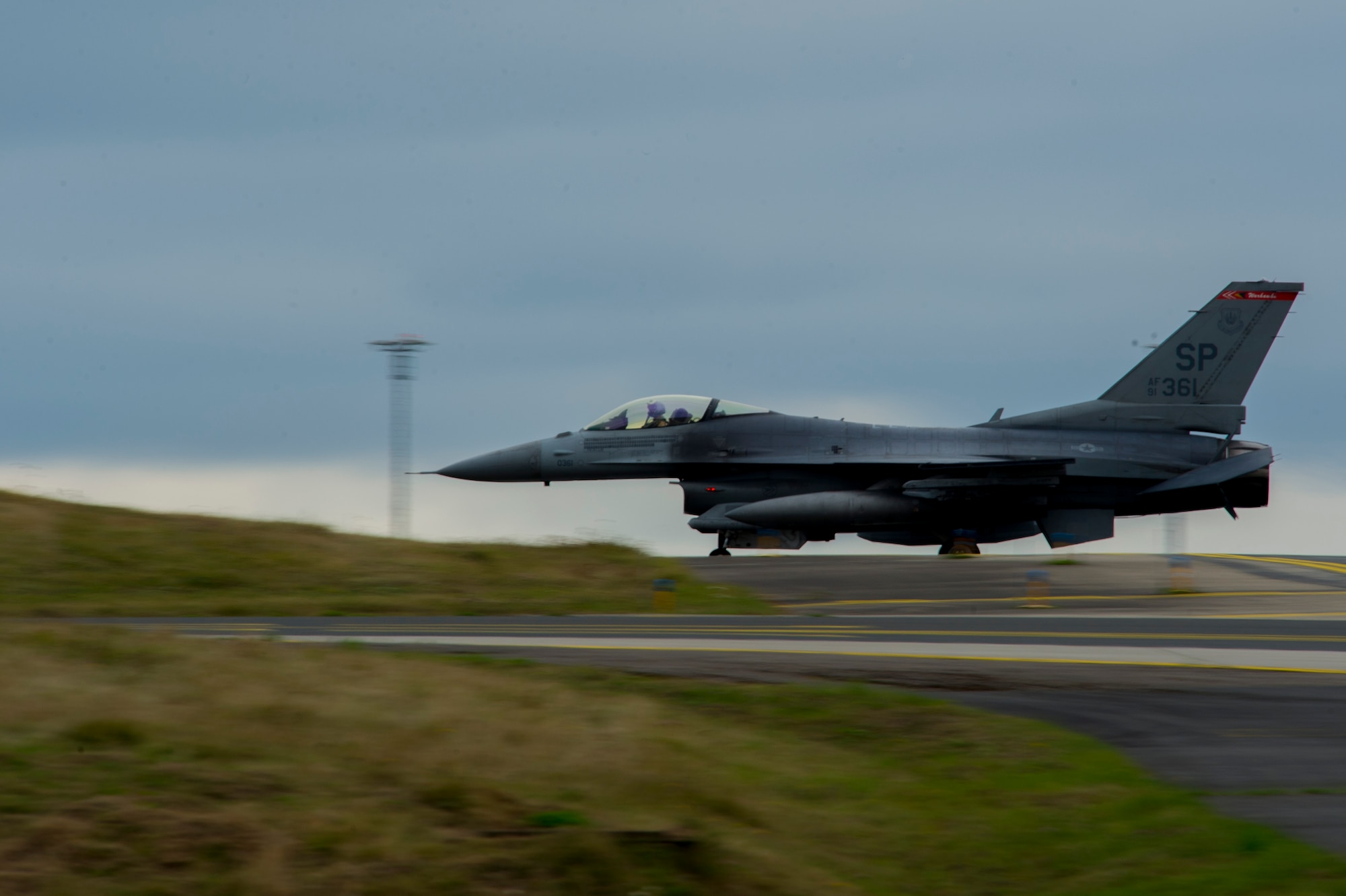 An F-16 Fighting Falcon fighter aircraft assigned to the 480th Expeditionary Fighter Squadron lands on the flightline during the squadron’s return to Spangdahlem Air Base, Germany, Oct. 6, 2016. Approximately 300 of the Airmen, who serve in flight, maintenance or support roles for the F-16, completed a six-month deployment to Southwest Asia by providing close air support and dynamic targeting operations as part of the squadron’s first deployment in support of Operation Inherent Resolve. Operation Inherent Resolve aims to eliminate the Da'esh terrorist group and the threat they pose to Iraq, Syria and the wider international community. (U.S. Air Force photo by Staff Sgt. Joe W. McFadden)