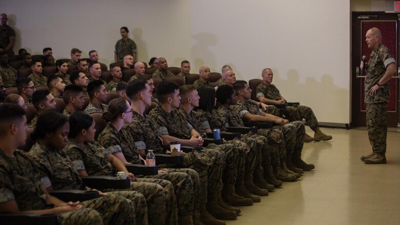 Gen. Robert B. Neller is visiting III Marine Expeditionary Force to reinforce the importance of every Marine and Sailor and their role in continuing to be ‘Forward, Faithful, Focused’ at Camp Kinser, Okinawa, Japan, October 13, 2016. Whether responding to a crisis or natural disaster, III MEF continues to train to ensure its capabilities in keeping peace and security throughout the region. “If I ask you if you are mentally ready to go fight, the answer should be yes,” said Neller. Neller, from East Lansing, Michigan, is the commandant of Marine Corps.