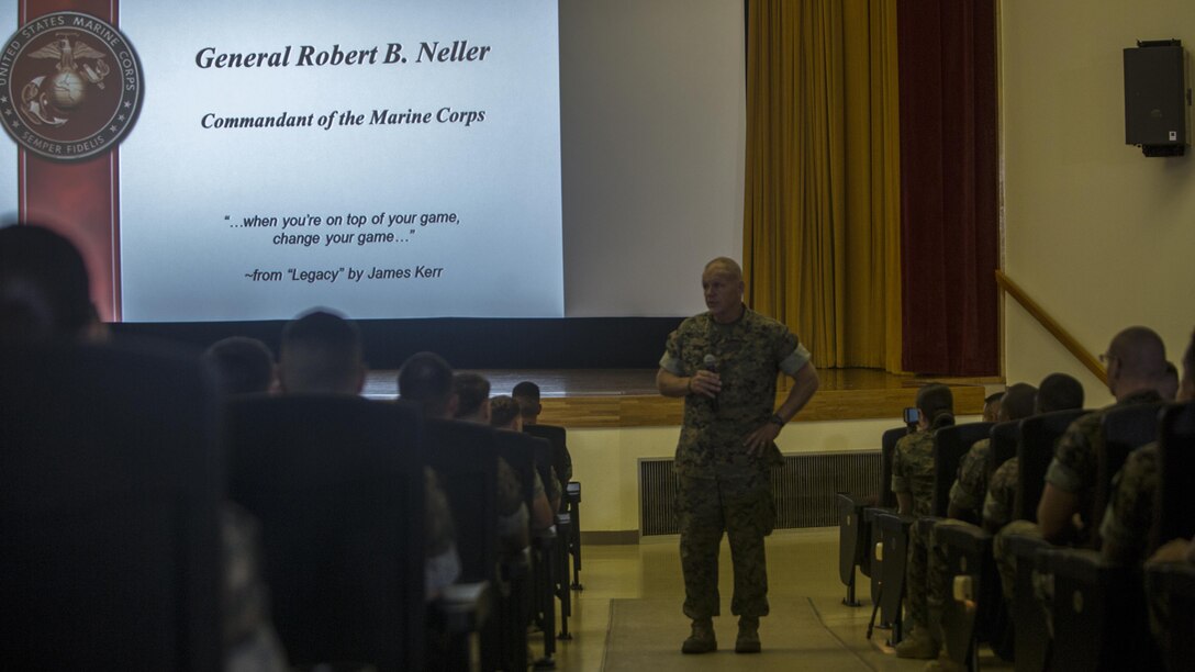 Gen. Robert B. Neller is visiting III Marine Expeditionary Force to reinforce the importance of every Marine and Sailor and their role in continuing the mission of the ‘Fight Tonight’ MEF at Camp Kinser, Okinawa, Japan, October 13, 2016. Whether responding to a crisis or natural disaster, III MEF continues to train to ensure its capabilities in keeping peace and security throughout the region. “We have a very capable Marine Corps” said Neller. “Can we get better? Yes. Must we get better? Yes. Will we get better? Yes.” Neller, from East Lansing, Michigan, is the commandant of Marine Corps.