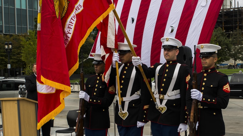 Marines from 1st Battalion, 25th Marine Regiment, 4th Marine Division, present the colors during the 10-year reunion of 25th Marine Regiment’s deployment to Fallujah, Iraq, Boston, Oct. 8, 2016. The Marines and Sailors gathered to reaffirm their bonds of brotherhood and reflect on all they accomplished while deployed in 2006.