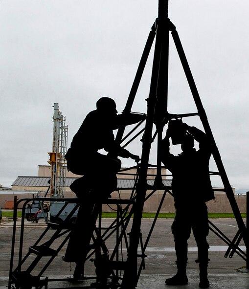 Aerospace ground equipment Airmen with the 5th Maintenance Squadron work on a tripod jack at Minot Air Force Base, N.D., Oct. 5, 2016. A tripod jack is used to lift the nose, or rear side, of an aircraft to allow Airmen safe access to perform maintenance. (U.S. Air Force photo/Airman 1st Class Jonathan McElderry)